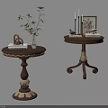 Classic Wooden Side Tables With Carved Details Potted Plant Photo Frame And Candles