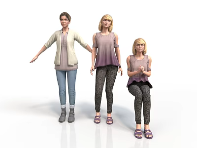 Three Women In Casual Outfits With Different Poses Standing And Sitting 3d model