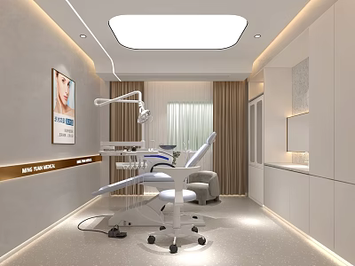 Modern Dental Treatment Room Interior With White Chair Medical Equipment Wall Decor And Cabinets 3d model