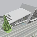 Modern Sales Office Building With Triangular Glass Facade Wooden Frame And Spacious Entrance Area