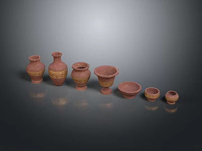 Reddish Brown Ceramic Vases And Pots With Golden Decorations In Various Sizes 3d model
