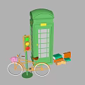 Popular Photo Spot With Green Phone Booth Yellow Bicycle Traffic Light Under Blue Sky