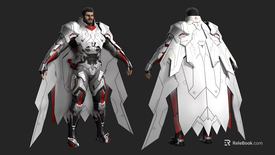 Futuristic Game Movie Character in White Tech Armor With Red Black Details Winged Design 3d model 