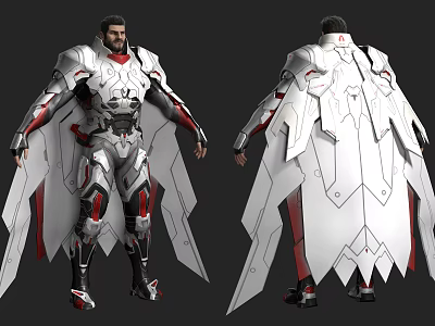 Futuristic Game Movie Character in White Tech Armor With Red Black Details Winged Design 3d model