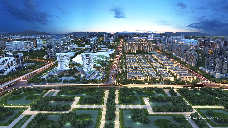 Aerial View Urban Planning With High Rise Buildings Residential Areas And Green Spaces 3d model 