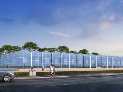 Modern Industrial Factory Building with Glass Curtain Wall Surrounded by Green Trees and Pedestrians 3d model
