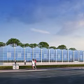 Modern Industrial Factory Building with Glass Curtain Wall Surrounded by Green Trees and Pedestrians