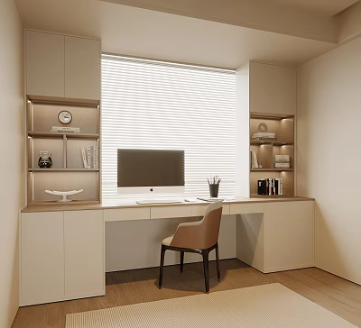 Modern Bay Window Room With Blinds Desk Chair Cabinets Shelves Books And Decorative Items 3d model