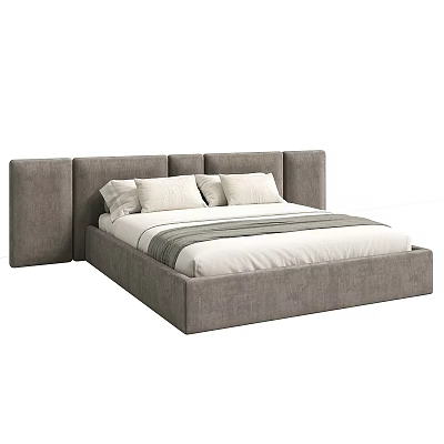 Gray Upholstered Double Bed With White Pillows And Soft Blanket Design 3d model