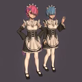Two Cute Anime Maid Characters With Pink Blue Hair In Classic Outfits Waving Posing