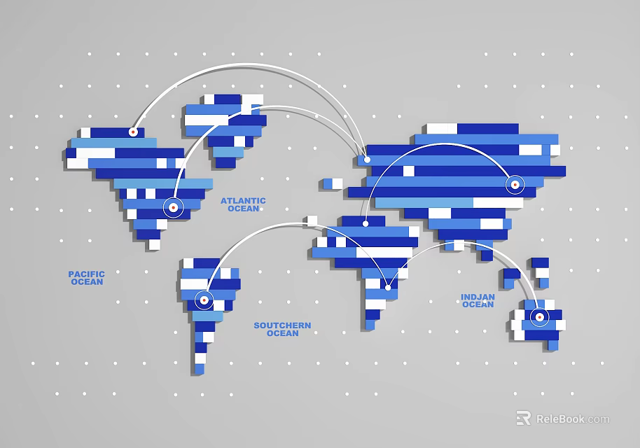 World Map Design With Blue Blocks And Interconnected Regional Labels 3d model
