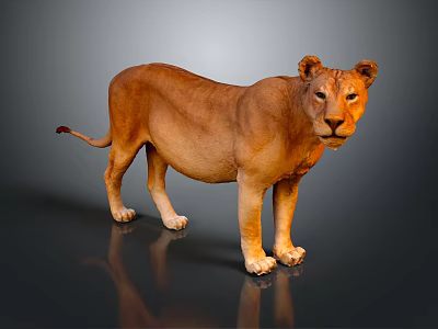 Full Body Standing Lioness on Dark Background with Clear Floor Reflection 3d model