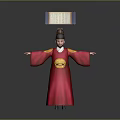 Traditional Chinese Red Robe Costume Figure With Yellow Belt Hat And Scroll Background