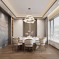 Elegant Private Dining Room With Round Dining Table Chandelier And Decorative Wall 3d model