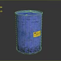Durable Blue Metal Household Barrel With Yellow Label And Rustic Surface