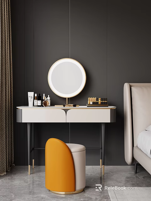 Elegant Modern White And Black Vanity Table Interior With Circular Mirror Cosmetics And Yellow Stool 3d model 