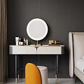 Elegant Modern White And Black Vanity Table Interior With Circular Mirror Cosmetics And Yellow Stool