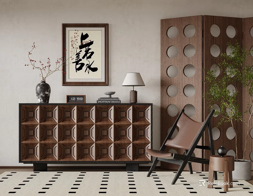 New Chinese Wooden Decorative Cabinet With Calligraphy Artwork Vase Table Lamp And Wooden Screen 3d model 