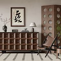 New Chinese Wooden Decorative Cabinet With Calligraphy Artwork Vase Table Lamp And Wooden Screen