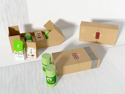 Natural Living Supplies With Open Cardboard Boxes And Green Bottles Packaging 3d model