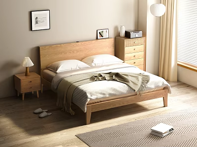 Wooden Double Bed Frame with Linen Sheets Throw Blanket Nightstand Lamp Dresser and Natural Light 3d model