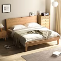 Wooden Double Bed Frame with Linen Sheets Throw Blanket Nightstand Lamp Dresser and Natural Light