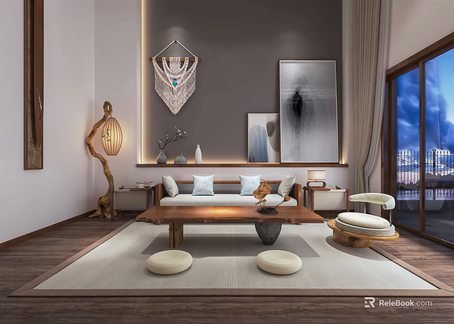 Modern Living Room Sofa and Coffee Table Set with Wall Art Rug and Floor Lamp 3d model 