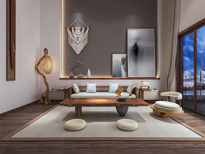 Modern Living Room Sofa and Coffee Table Set with Wall Art Rug and Floor Lamp 3d model