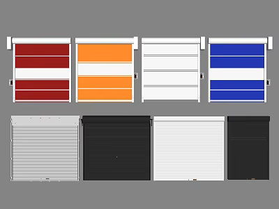 Various Roller Door Designs In Red Orange Blue Black And White Colors 3d model