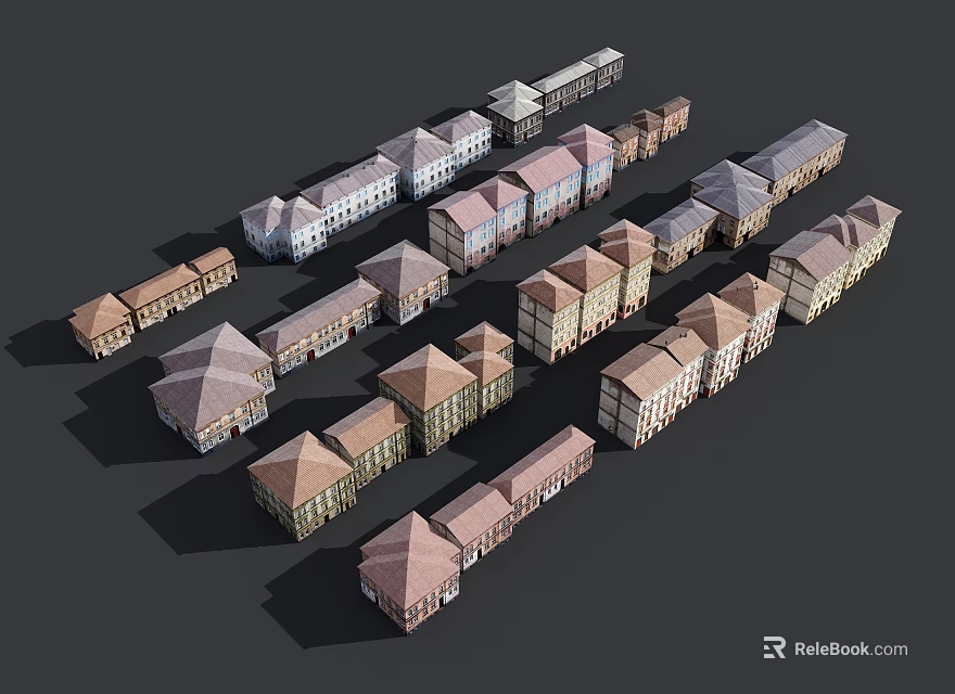Traditional European style Architecture With Row Residential Buildings And Diverse Roof Designs 3d model 