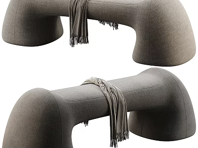 Modern Gray Upholstered Sofa Bench With Curved Design And Draped Scarf 3d model