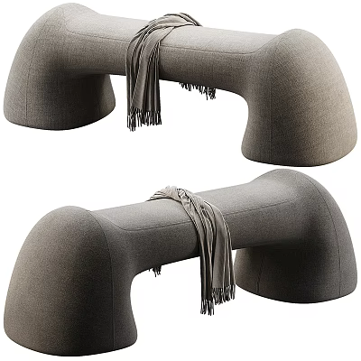 Modern Gray Upholstered Sofa Bench With Curved Design And Draped Scarf 3d model