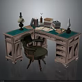 Vintage Pink Desk With Green Desktop And Green Chair Including Lamp Books Ink Bottle And Papers
