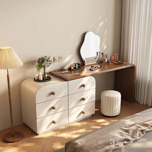 Modern Dressing Table With White Drawers Wooden Countertop Round Stool And Decorative Mirror 3d model 