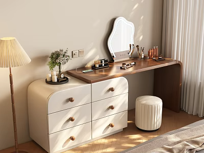 Modern Dressing Table With White Drawers Wooden Countertop Round Stool And Decorative Mirror 3d model