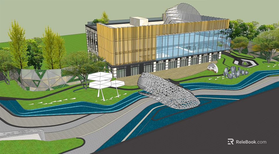 Modern Sales Office Building Design With Glass Curtain Wall Wooden Facade And Water Features 3d model 