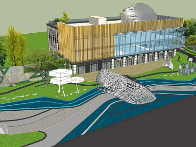Modern Sales Office Building Design With Glass Curtain Wall Wooden Facade And Water Features 3d model