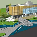 Modern Sales Office Building Design With Glass Curtain Wall Wooden Facade And Water Features
