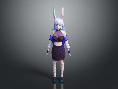 Game Movie Character With Rabbit Ears White Hair Purple Black Outfit Short Skirt Fishnet Stockings 3d model