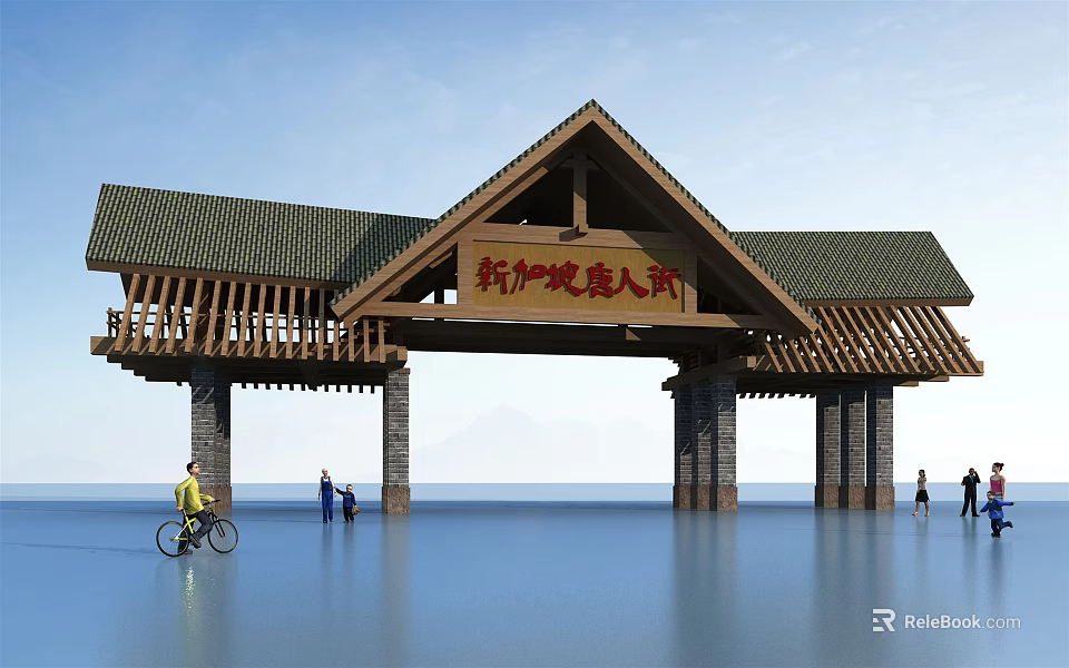 Traditional Chinese Entrance Gate With Wooden Roof At Scenic Waterfront With Pedestrians And Bicyclist 3d model 
