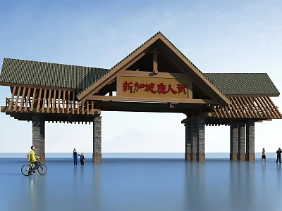 Traditional Chinese Entrance Gate With Wooden Roof At Scenic Waterfront With Pedestrians And Bicyclist 3d model