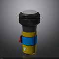 Cylindrical Industrial Structure With Gray Top Black Upper Yellow Blue Bands And Red Tag