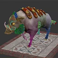 Fantasy Decorated Boar With Red Gold Armor Blue Ornaments White Tusks On Patterned Stone Platform