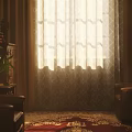 Cozy Study Room Interior With Bookshelf Wooden Desk Table Lamp Window Curtains And Carpet