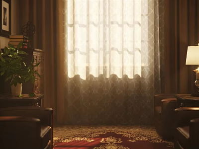 Cozy Study Room Interior With Bookshelf Wooden Desk Table Lamp Window Curtains And Carpet 3d model