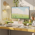 Modern Home Office Desk and Chair Set with Computer Monitor Keyboard Headphones and Green Plants