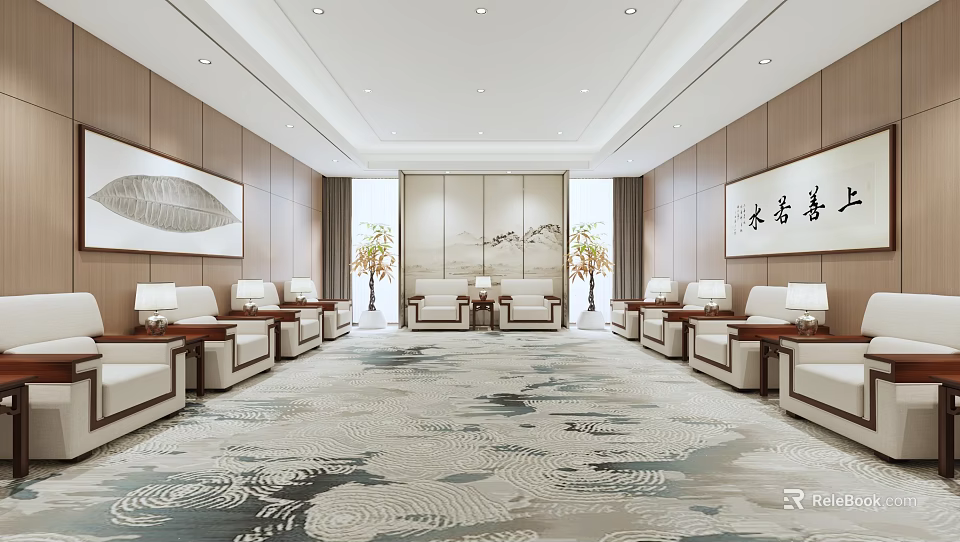 Spacious Chinese Style Conference Room Interior Design With Carpets Sofas Paintings Windows And Lighting 3d model 