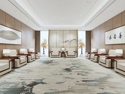 Spacious Chinese Style Conference Room Interior Design With Carpets Sofas Paintings Windows And Lighting 3d model