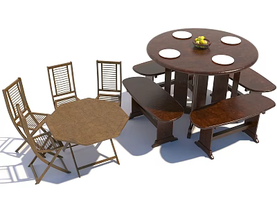 Wooden Dining Table Set With Round Octagonal Tables Folding Chairs Benches Fruit Bowl And Plates 3d model