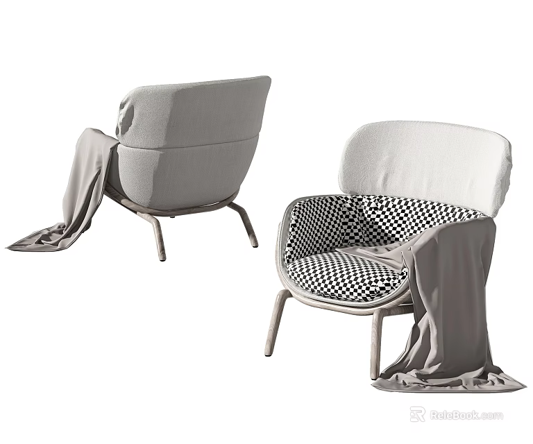 Modern Accent Chairs Featuring Gray Upholstery Checkered Cushion And Soft Drape Details 3d model 